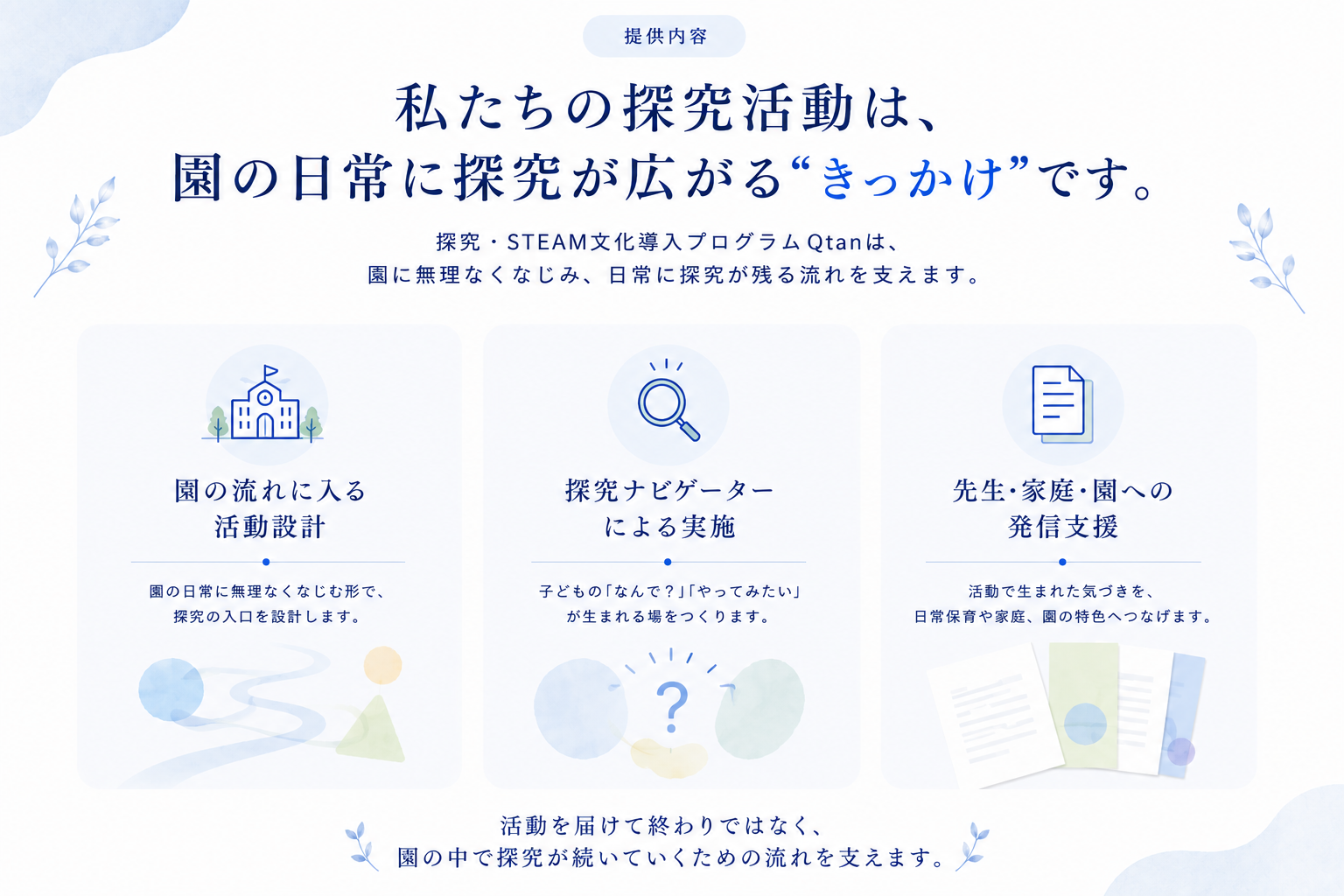 私たちの探究活動は、園の日常に探究が広がるきっかけです。